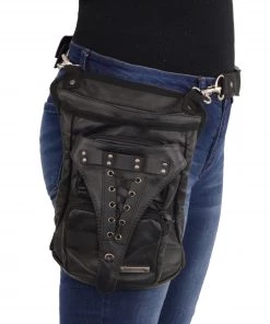 Milwaukee Leather MP8885 Ladies Black Conceal And Carry Black Leather Thigh Bag With Waist Belt Riding Gear