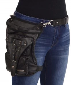 Milwaukee Leather MP8885 Ladies Black Conceal And Carry Black Leather Thigh Bag With Waist Belt Riding Gear