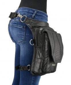 Riding Gear Milwaukee Leather MP8896 Extra Large Conceal And Carry Black Leather Thigh Bag With Waist Belt