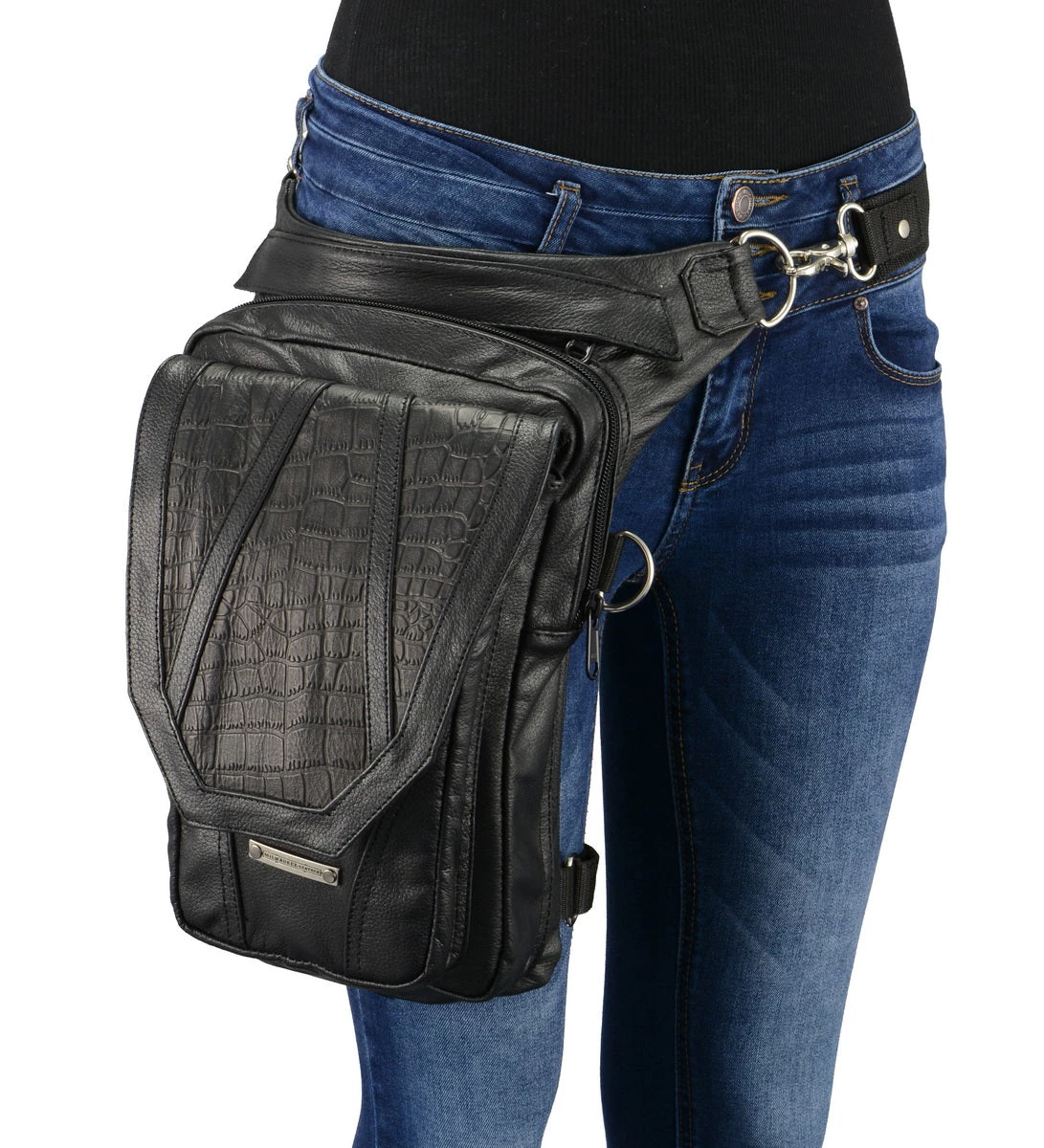Riding Gear Milwaukee Leather MP8896 Extra Large Conceal And Carry Black Leather Thigh Bag With Waist Belt