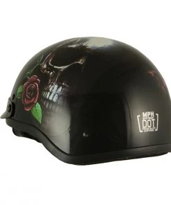 Milwaukee Performance Helmets Milwaukee Helmets MPH9780 Black'Rose Skull & Revolver' DOT Half Helmet Riding Gear