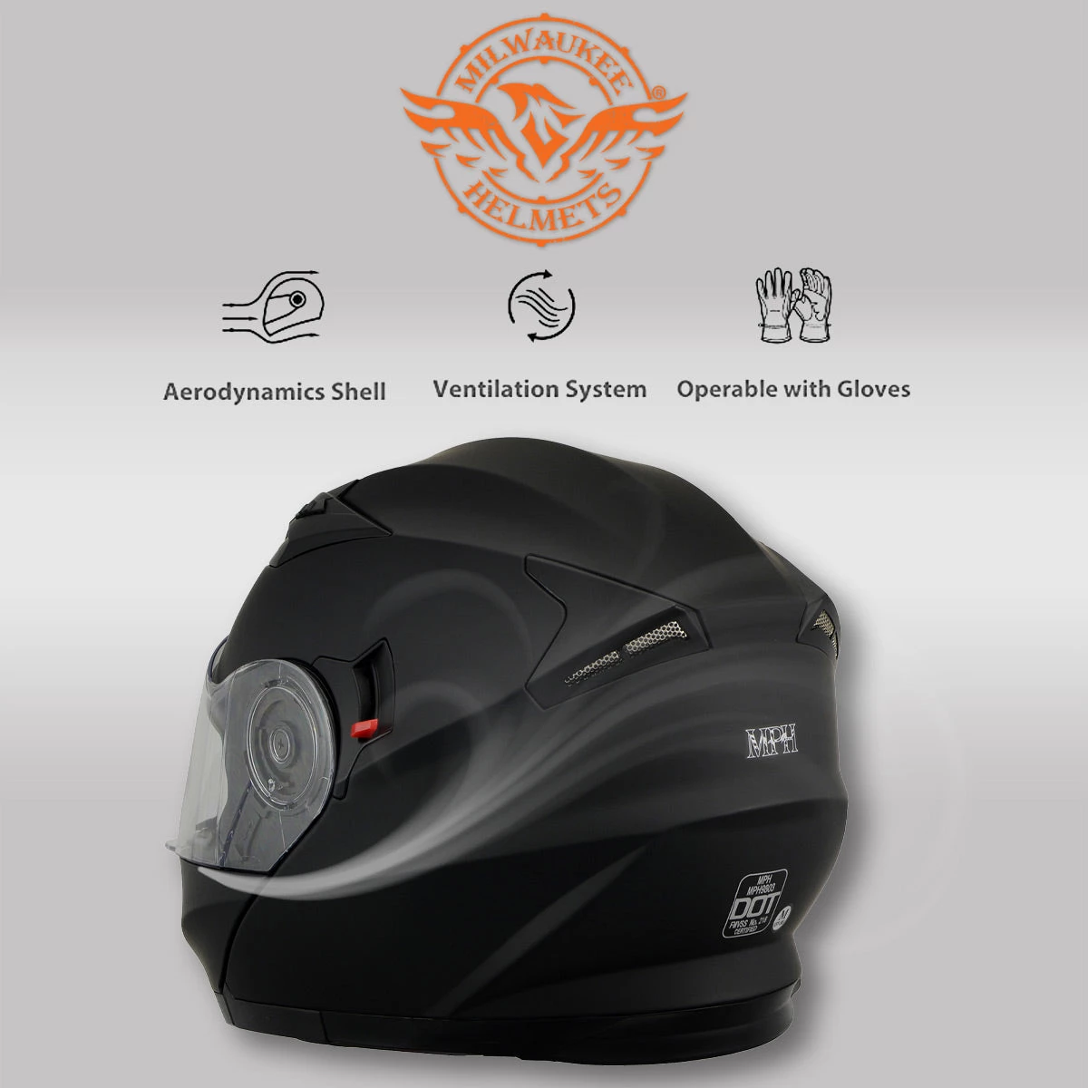 Milwaukee Performance Helmets Milwaukee Helmets MPH9803DOT 'Ionized' Matte Black Advanced Modular Motorcycle Helmet With Drop Down Visor