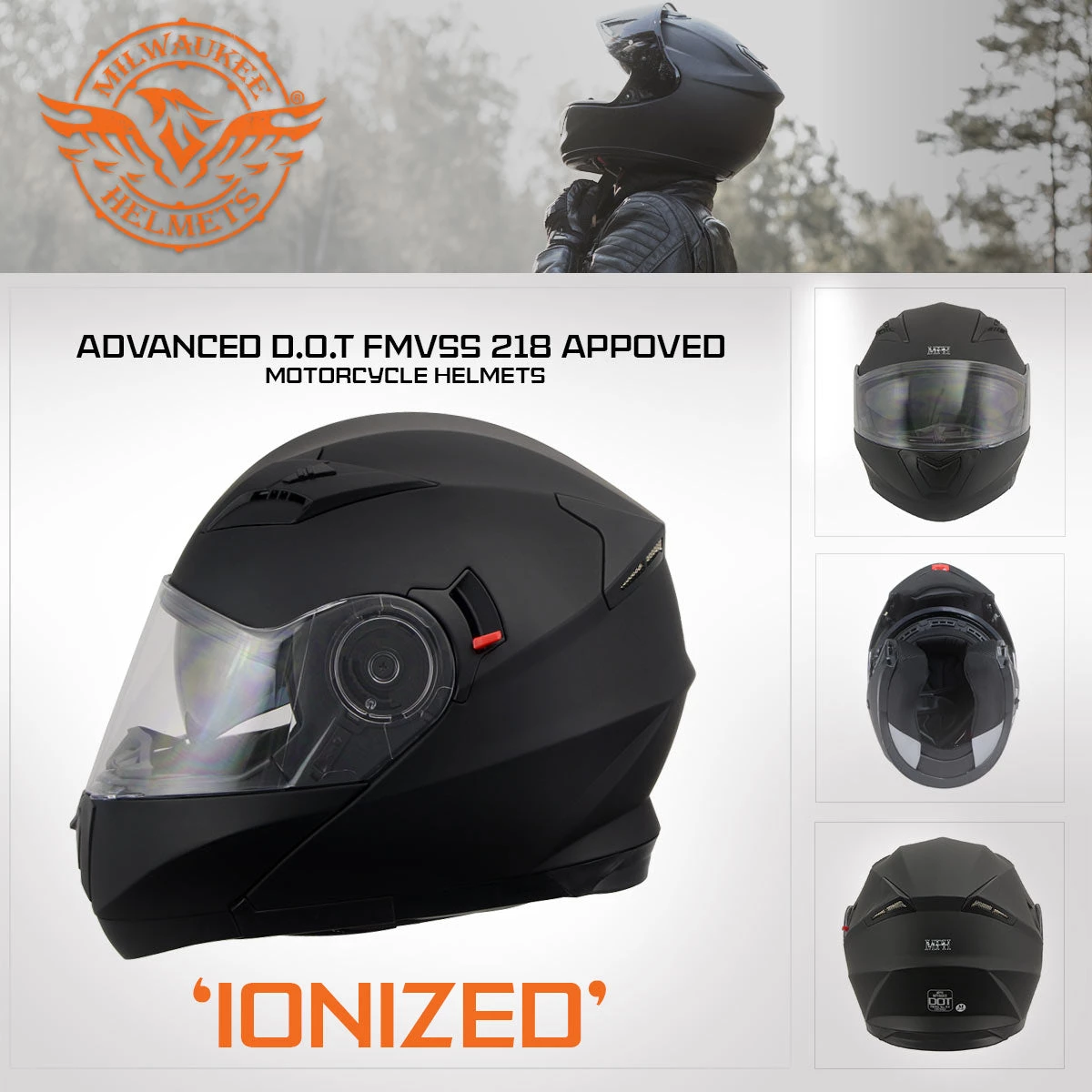 Milwaukee Performance Helmets Milwaukee Helmets MPH9803DOT 'Ionized' Matte Black Advanced Modular Motorcycle Helmet With Drop Down Visor