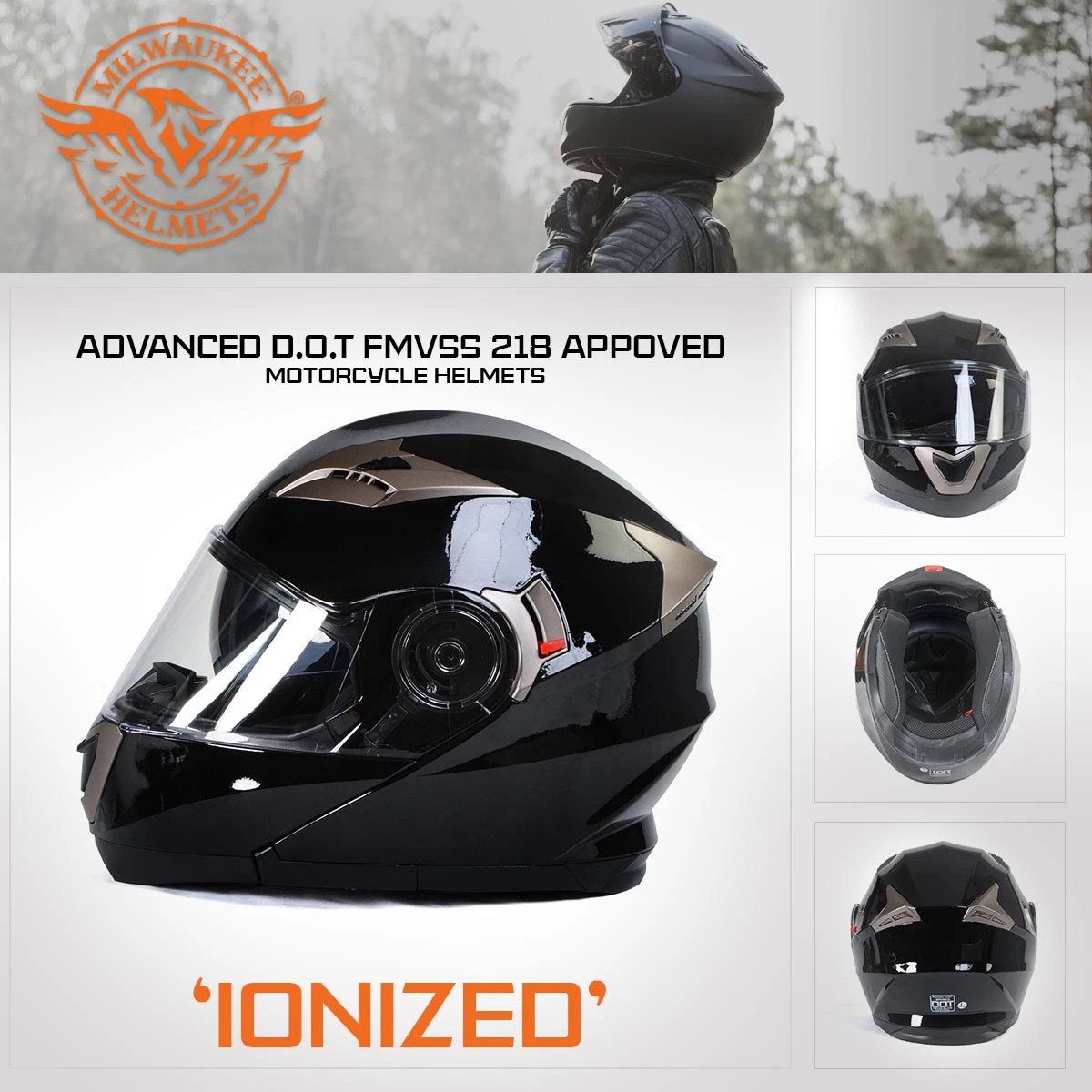 Milwaukee Helmets MPH9806DOT 'Ionized' Gloss Black Modular Helmet With MP7922FMSET Heated Balaclava Bundle