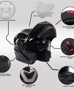 Milwaukee Helmets MPH9806DOT 'Ionized' Gloss Black Advanced Motorcycle Modular Helmet With Drop Down Visor