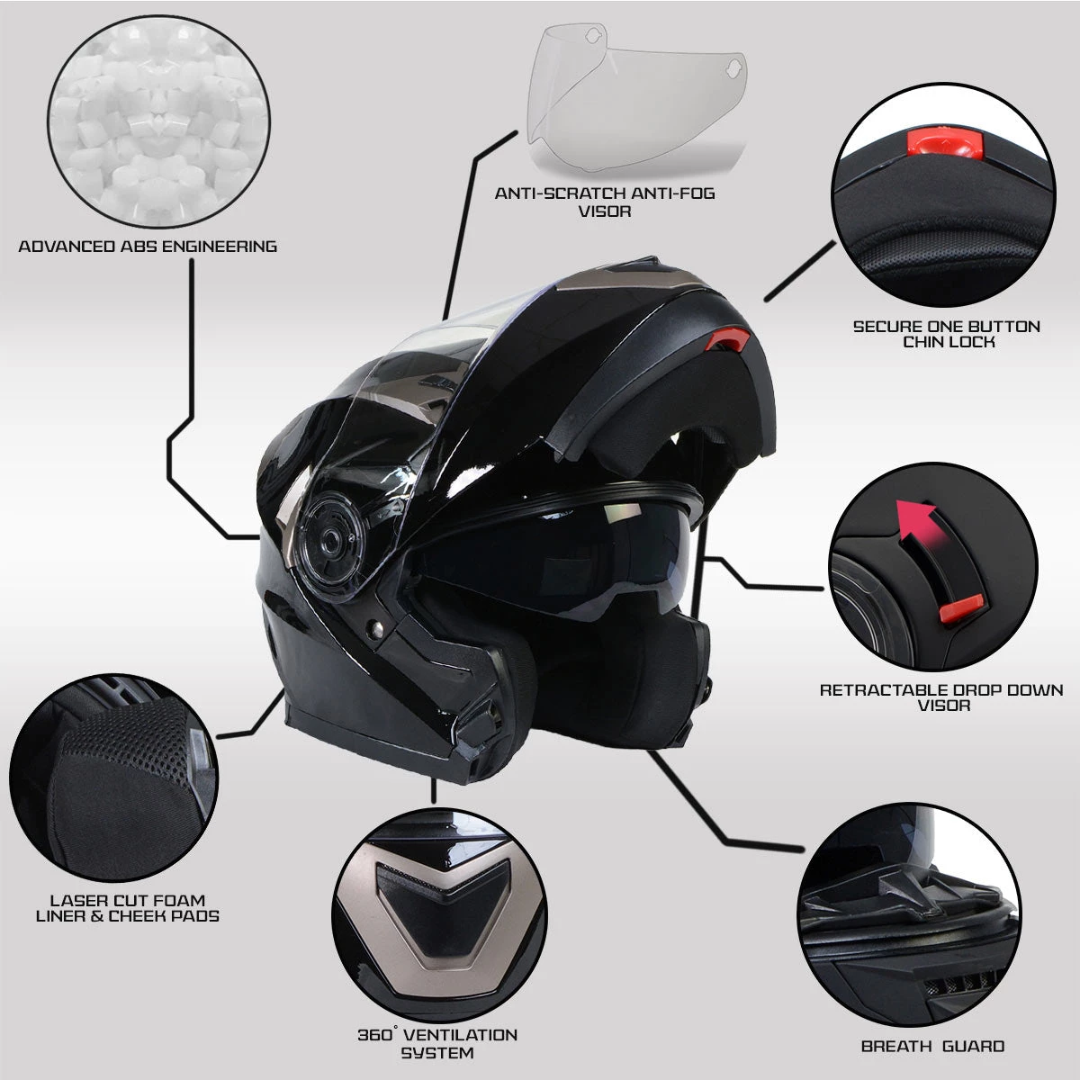 Milwaukee Helmets MPH9806DOT 'Ionized' Gloss Black Advanced Motorcycle Modular Helmet With Drop Down Visor