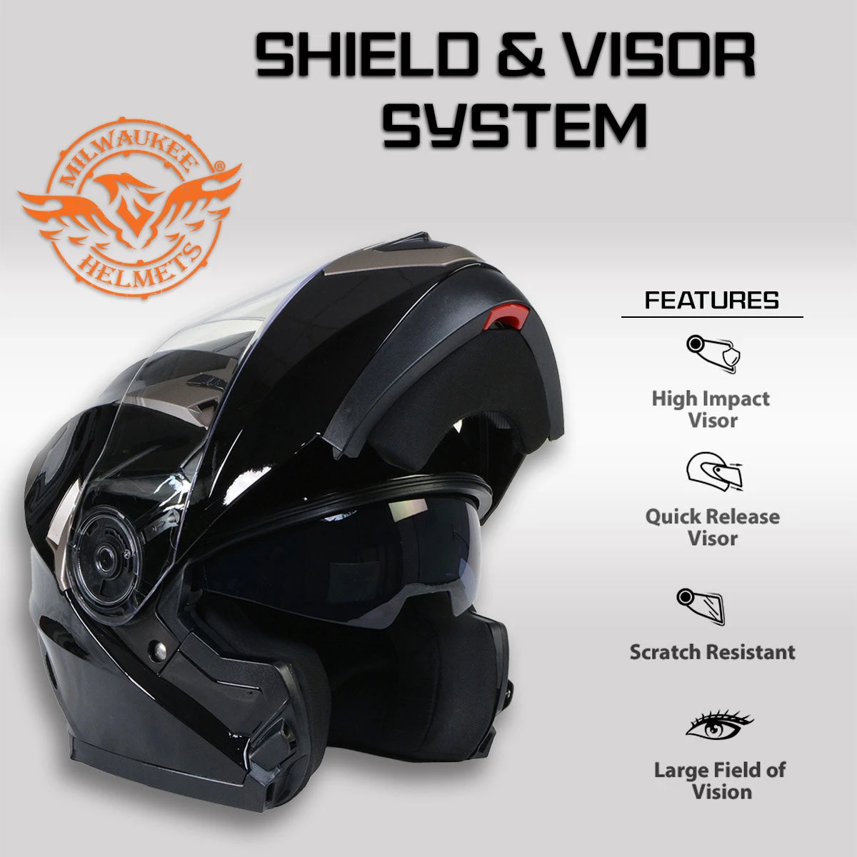 Milwaukee Helmets MPH9806DOT 'Ionized' Gloss Black Advanced Motorcycle Modular Helmet With Drop Down Visor