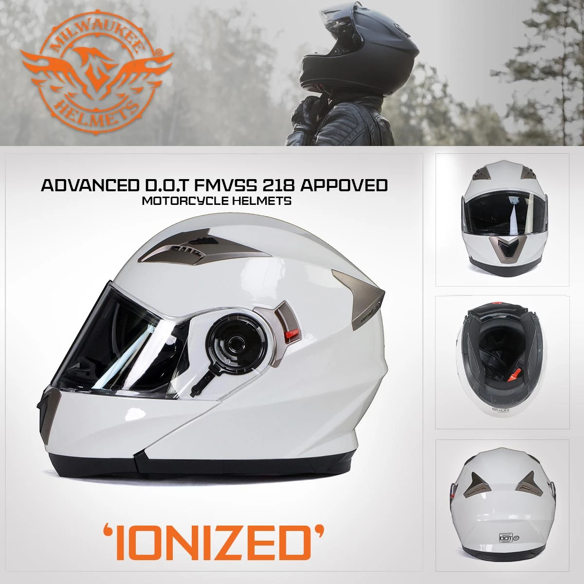 Riding Gear Milwaukee Helmets MPH9807DOT 'Ionized' Gloss White Advanced Motorcycle Modular Helmet With Drop Down Visor