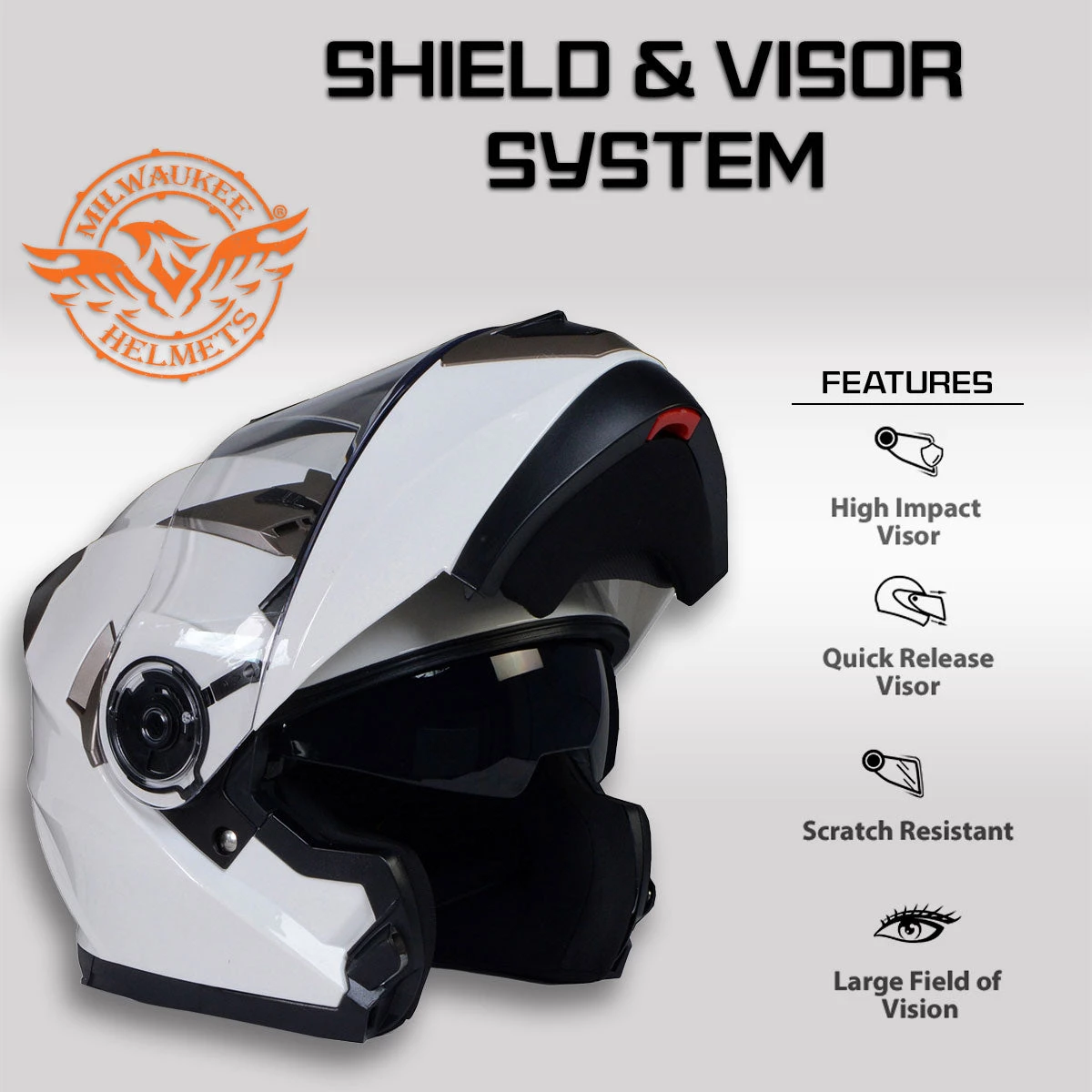 Riding Gear Milwaukee Helmets MPH9807DOT 'Ionized' Gloss White Advanced Motorcycle Modular Helmet With Drop Down Visor