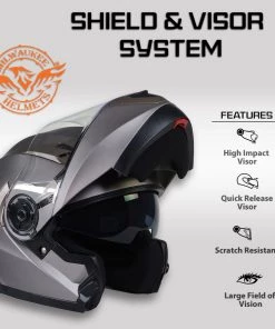 Milwaukee Helmets MPH9808DOT'Ionized' Silver Advanced Motorcycle Modular Helmet With Drop Down Visor