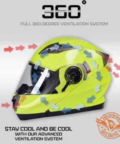 Milwaukee Helmets MPH9809DOT'Ionized' Neon Yellow Advanced Motorcycle Modular Helmet With Drop Down Visor Riding Gear