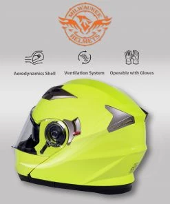 Milwaukee Helmets MPH9809DOT'Ionized' Neon Yellow Advanced Motorcycle Modular Helmet With Drop Down Visor Riding Gear