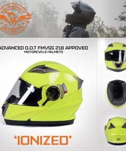 Milwaukee Helmets MPH9809DOT'Ionized' Neon Yellow Advanced Motorcycle Modular Helmet With Drop Down Visor Riding Gear