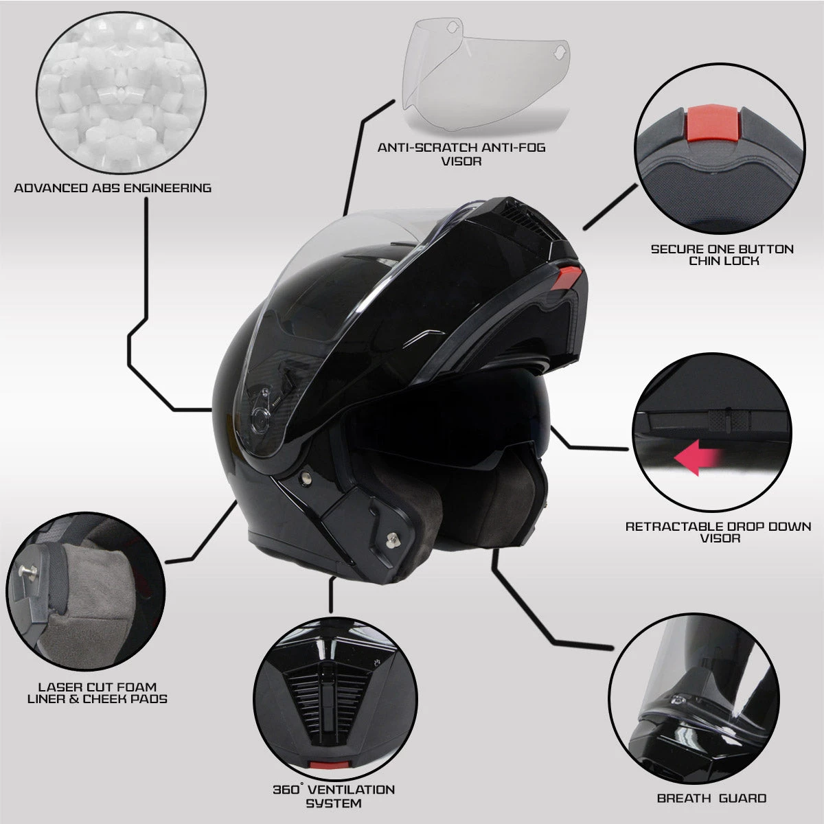 Milwaukee Helmets MPH9813DOT Gloss Black 'Menace' Advanced Motorcycle Modular Helmet With Drop Down Visor Riding Gear