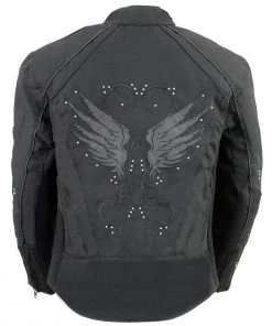 Motorcycle Jackets Milwaukee Leather SH1954 Women's Black Textile Jacket With Stud And Wings Detailing