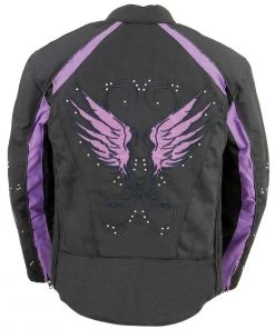 Milwaukee Leather SH1954 Women's Black And Purple Textile Jacket With Stud And Wings Detailing Motorcycle Jackets
