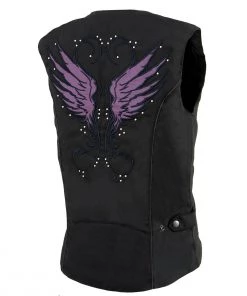 Vest With Patches Milwaukee Leather MPL1955 Ladies 'Winged Embroidery' Black And Purple Textile Vest