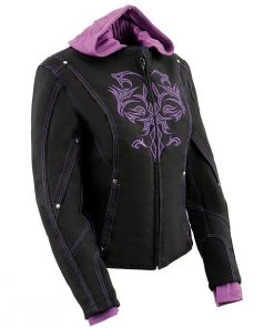 Milwaukee Leather MPL1967 Women's 3/4 Hooded Black And Purple Textile Jacket With Reflective Tribal Detail