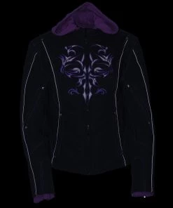 Milwaukee Leather MPL1967 Women's 3/4 Hooded Black And Purple Textile Jacket With Reflective Tribal Detail