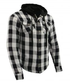 Armored Flannel Shirts Milwaukee Leather MPM1629 Men's Black And White Armored Hooded Flannel Shirt With Aramid By DuPont Fibers