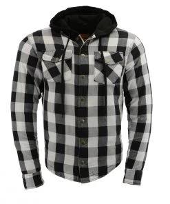 Armored Flannel Shirts Milwaukee Leather MPM1629 Men's Black And White Armored Hooded Flannel Shirt With Aramid By DuPont Fibers