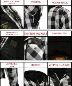 Armored Flannel Shirts Milwaukee Leather MPM1629 Men's Black And White Armored Hooded Flannel Shirt With Aramid By DuPont Fibers