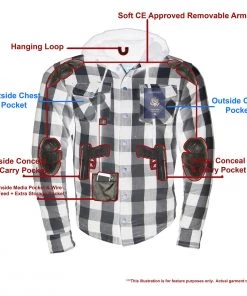 Armored Flannel Shirts Milwaukee Leather MPM1629 Men's Black And White Armored Hooded Flannel Shirt With Aramid By DuPont Fibers