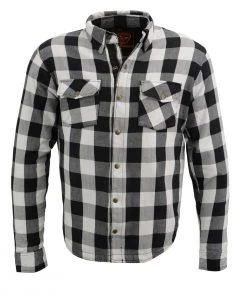 Milwaukee Leather MPM1633 Men's Black And White Armored Checkered Flannel Biker Shirt With Aramid By DuPont Fibers Armored Flannel Shirts
