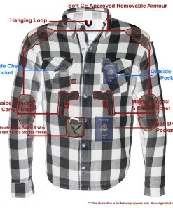 Milwaukee Leather MPM1633 Men's Black And White Armored Checkered Flannel Biker Shirt With Aramid By DuPont Fibers Armored Flannel Shirts