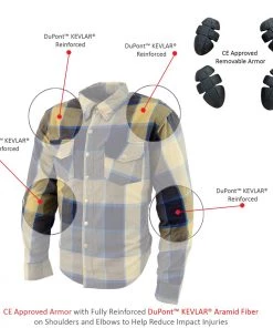 Milwaukee Leather MPM1639 Men's Beige, Black And Blue Armored Long Sleeve Flannel Shirt With Aramid By DuPont Fibers Armored Flannel Shirts