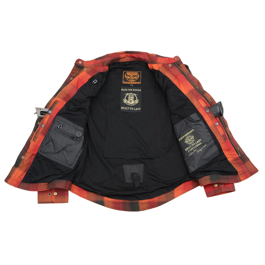 Milwaukee Leather MPM1641 Men's Orange, Red And Black Armored Long Sleeve Flannel Shirt With Kevlar Armored Flannel Shirts