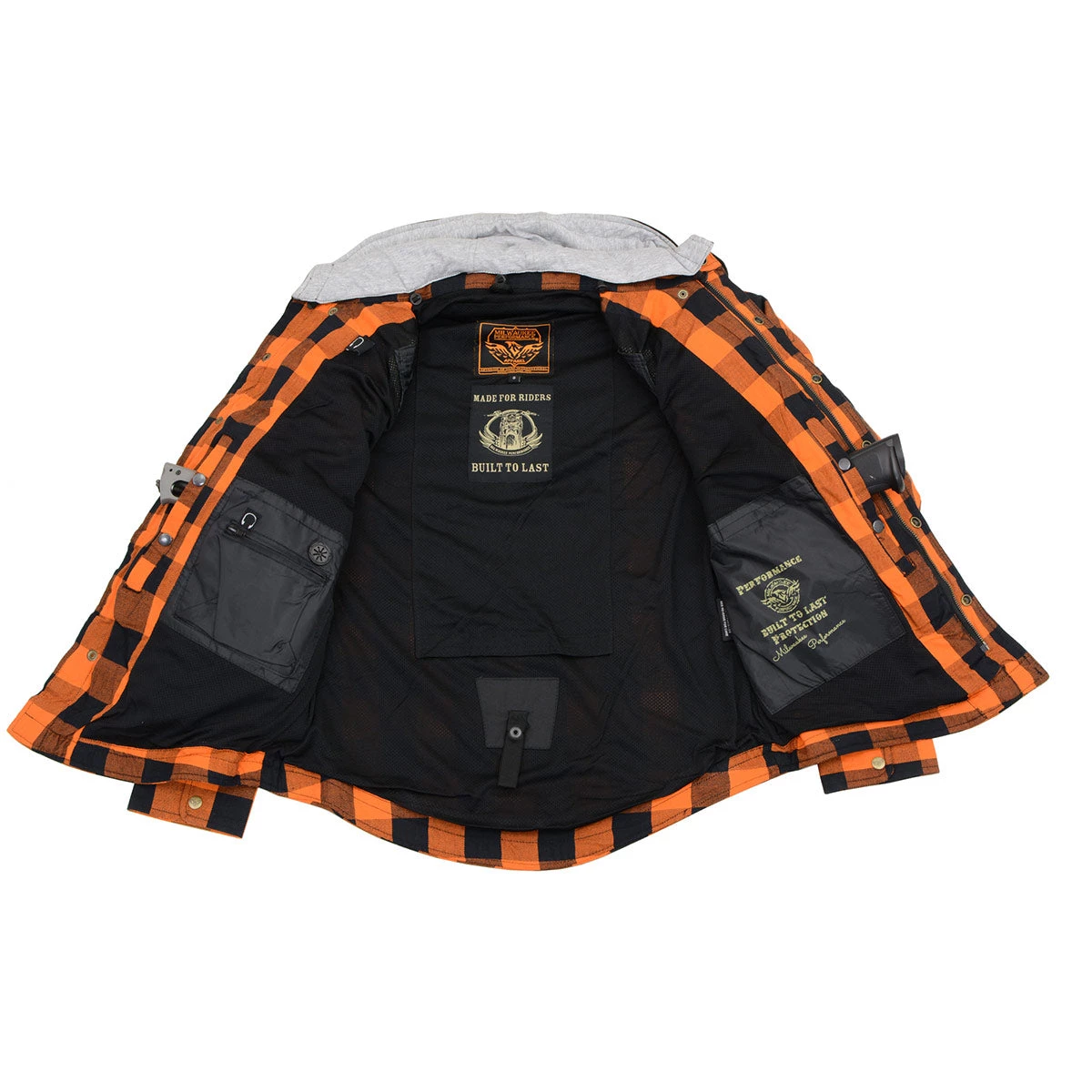 Milwaukee Leather MPM1642 Men's Orange And Black Armored Long Sleeve Hooded Flannel Shirt With Kevlar
