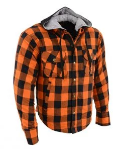 Milwaukee Leather MPM1642 Men's Orange And Black Armored Long Sleeve Hooded Flannel Shirt With Kevlar