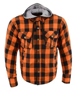 Milwaukee Leather MPM1642 Men's Orange And Black Armored Long Sleeve Hooded Flannel Shirt With Kevlar