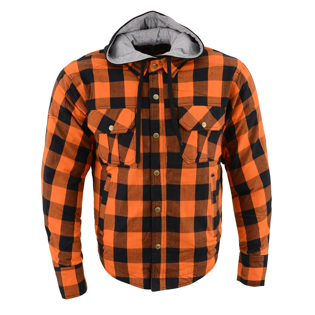 Milwaukee Leather MPM1642 Men's Orange And Black Armored Long Sleeve Hooded Flannel Shirt With Kevlar