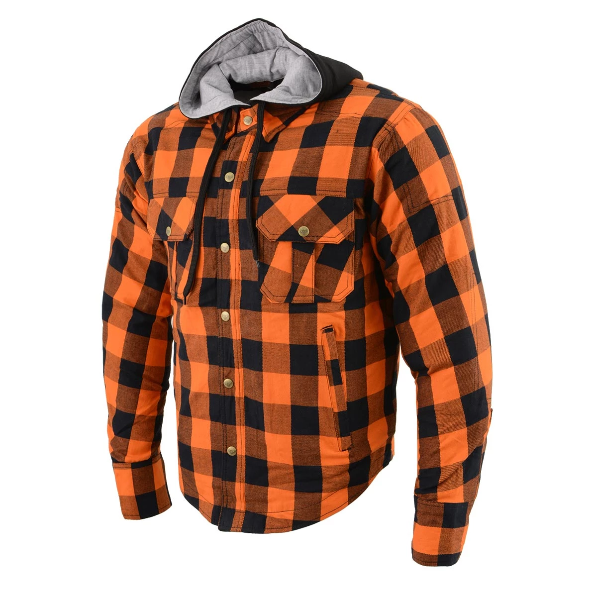 Milwaukee Leather MPM1642 Men's Orange And Black Armored Long Sleeve Hooded Flannel Shirt With Kevlar