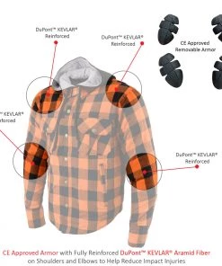 Milwaukee Leather MPM1642 Men's Orange And Black Armored Long Sleeve Hooded Flannel Shirt With Kevlar