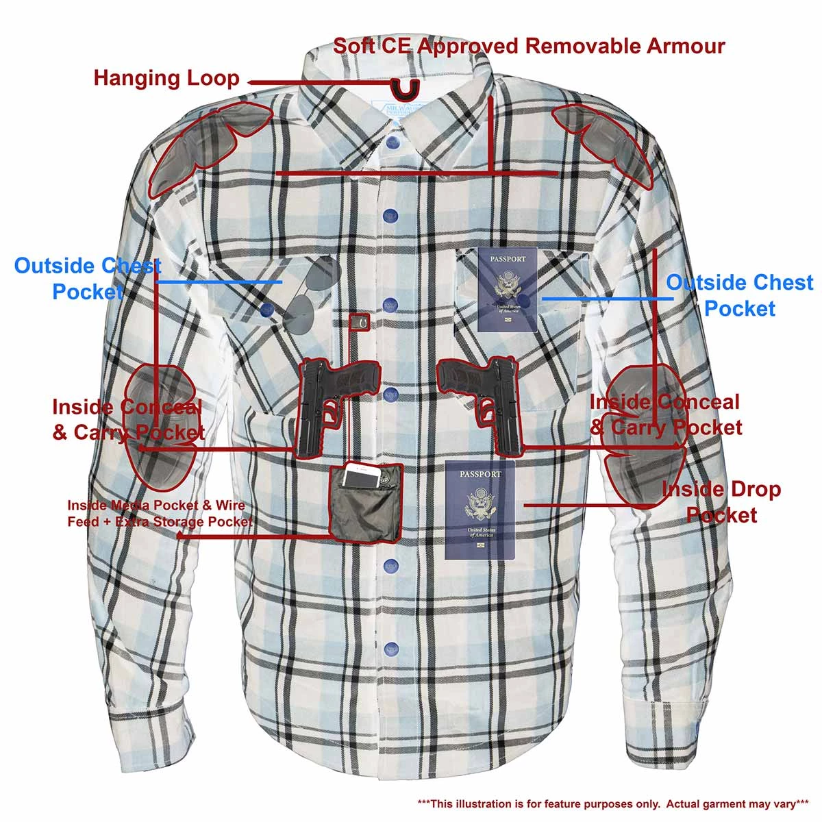 Milwaukee Leather MPM1643 Men's Brown, Black And White Armored Long Sleeve Flannel Shirt With Kevlar Armored Flannel Shirts