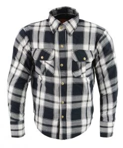 Milwaukee Leather MPM1644 Men's Black And White Armored Long Sleeve Flannel Shirt With Kevlar Armored Flannel Shirts