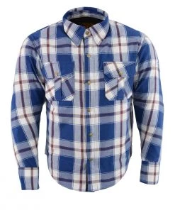 Armored Flannel Shirts Milwaukee Leather MPM1645 Men's Blue, White And Maroon Armored Long Sleeve Flannel Shirt With Kevlar