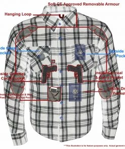 Milwaukee Leather MPM1646 Men's Black And White Armored Long Sleeve Flannel Shirt With Kevlar Armored Flannel Shirts