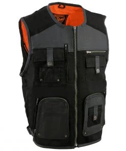Motorcycle Vests Milwaukee Leather MPM3310 Men's 'Super Utility' Black Leather And Canvas Multi-Pocket Vest