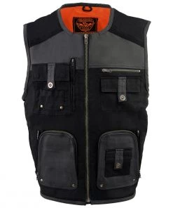 Motorcycle Vests Milwaukee Leather MPM3310 Men's'Super Utility' Black Leather And Canvas Multi-Pocket Vest
