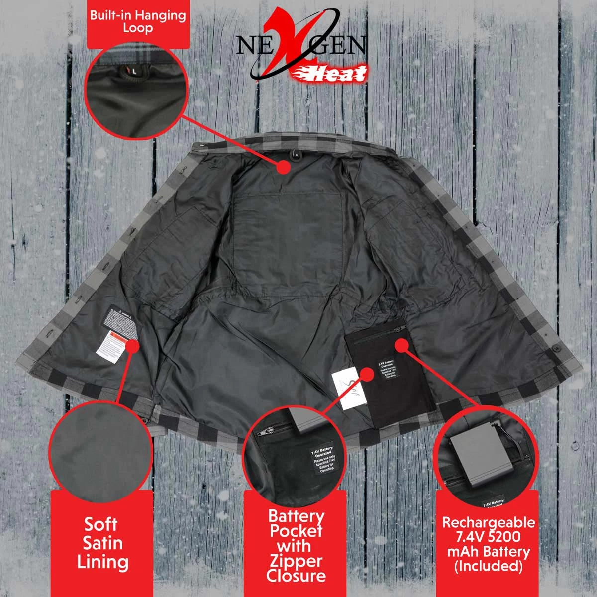 Nexgen Heat Women's NXL2601SET-'Bonnie' Black/Grey Heated Flannel Long Sleeve Shirt (Rechargeable Battery Pack Included) Flannel Shirts