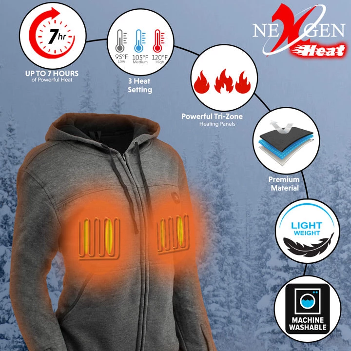 Nexgen Heat NexGen NXL2717DUAL Ladies 'Toasty' Grey 'Heated' Hoodie (Rechargeable Battery Pack Included) Motorcycle Jackets