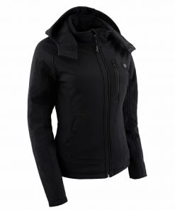 Nexgen Heat Women's Nxl2767set-'Ruffled' Black Heated Soft Shell Hooded Jacket (Rechargeable Battery Pack Included) Motorcycle Jackets