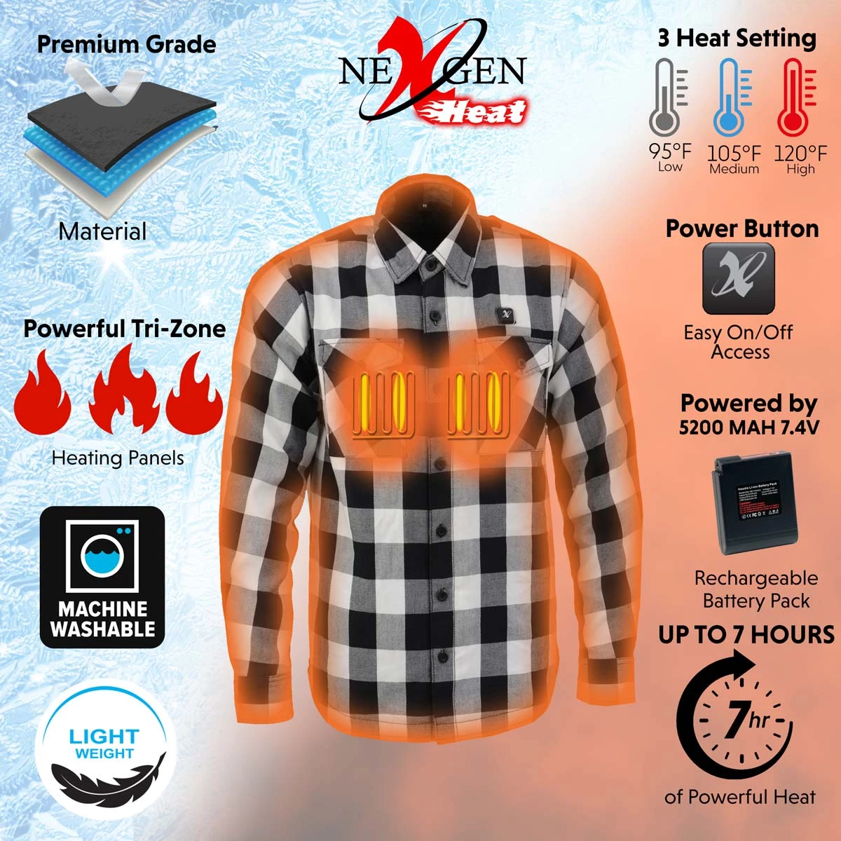 Nexgen Heat Men's Nxm1601set-'Riffraff' Black And White Heated Flannel Long Sleeve Shirt (Rechargeable Battery Pack Included) Riding Gear