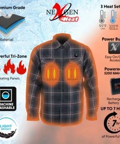 Riding Gear Nexgen Heat Men's Nxm1602set-'Riffraff' Black, Grey/Red Heated Flannel Long Sleeve Shirt (Rechargeable Battery Pack Included)
