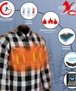 Nexgen Heat Men's Nxm1601set-'Riffraff' Black And White Heated Flannel Long Sleeve Shirt (Rechargeable Battery Pack Included) Riding Gear