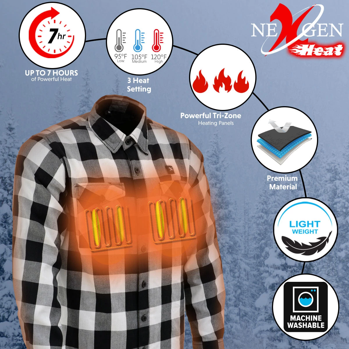 Nexgen Heat Men's Nxm1601set-'Riffraff' Black And White Heated Flannel Long Sleeve Shirt (Rechargeable Battery Pack Included) Riding Gear